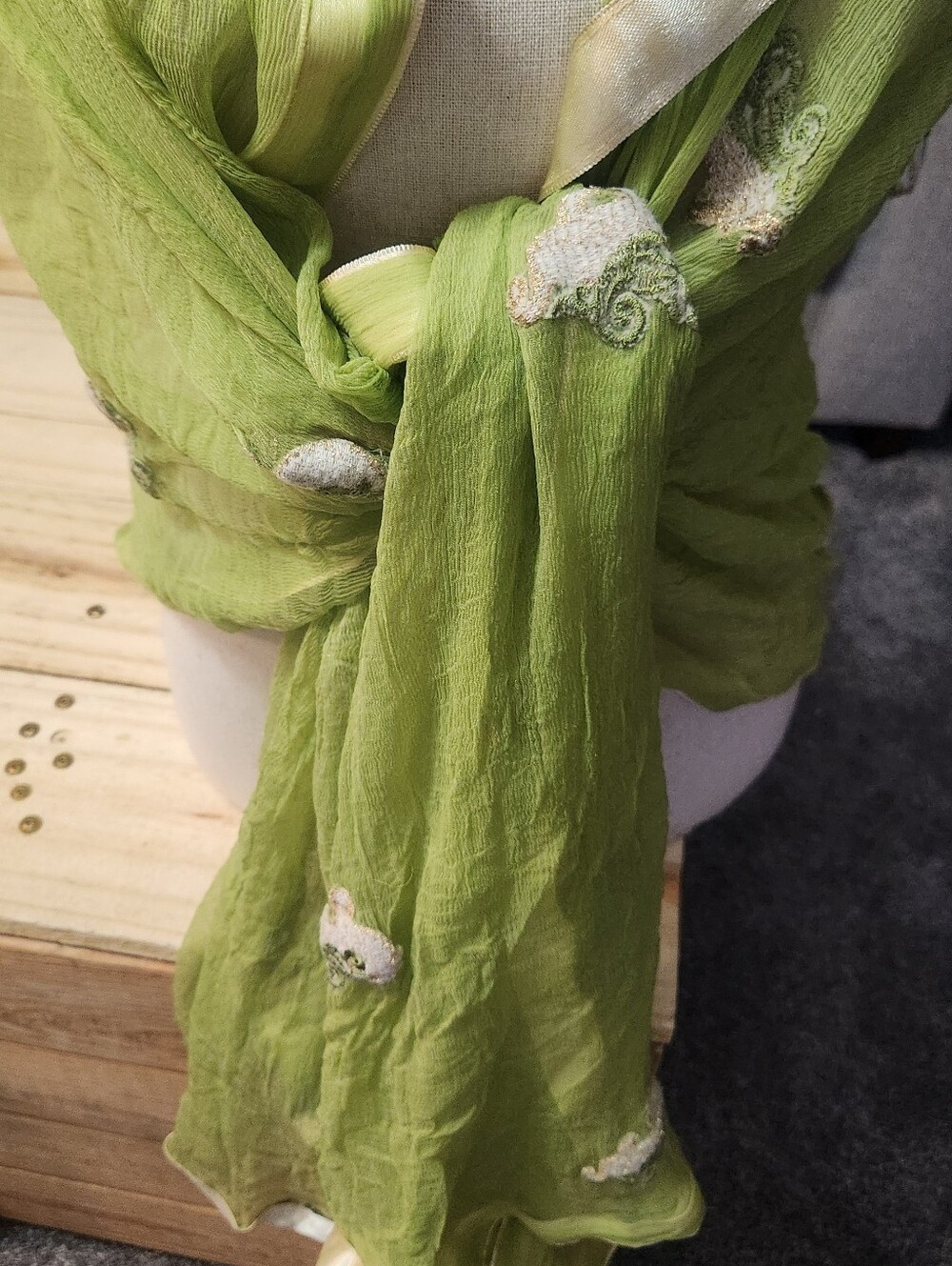 Oversized Lime Green & Gold Embroidered Shawl Wrap 40" x 90" Boho